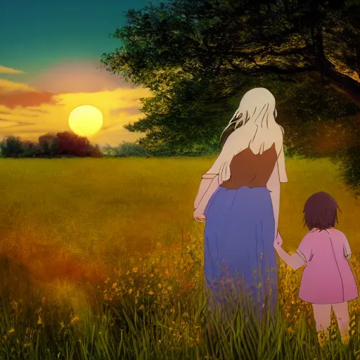 Prompt: A mother with her two children in a meadow, with a beautiful sunset in the background, mother and child, heartwarming, natural lighting, soft lighting, 4K, by Hayao Miyazaki, Studio Ghibli