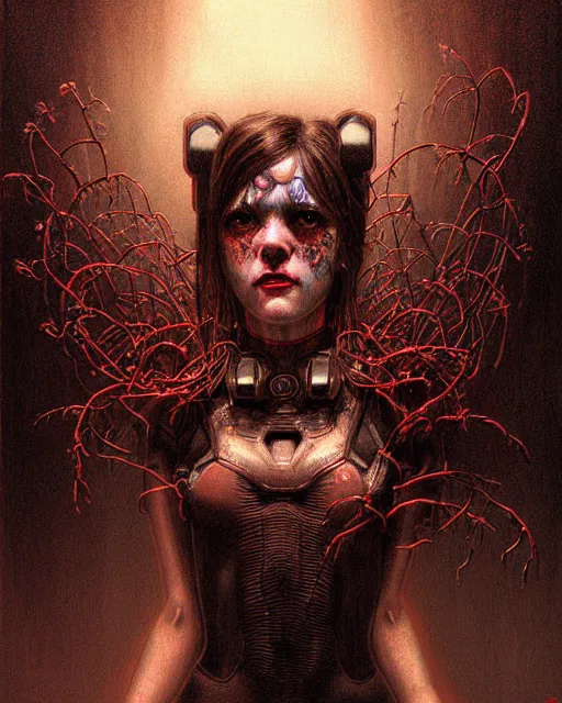 Image similar to d. va from overwatch, character portrait, portrait, close up, concept art, intricate details, highly detailed, horror poster, horror, vintage horror art, realistic, terrifying, in the style of michael whelan, beksinski, and gustave dore