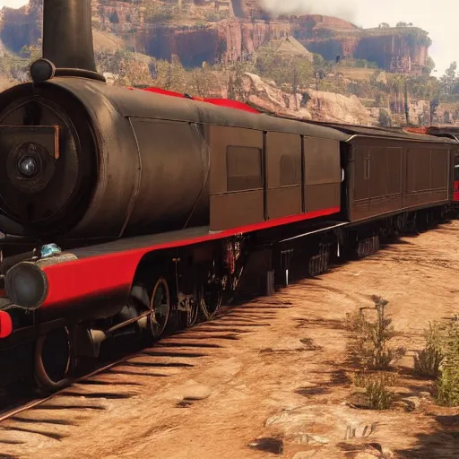 Image similar to futuristic sleek steam locomotive in red dead redemption 2