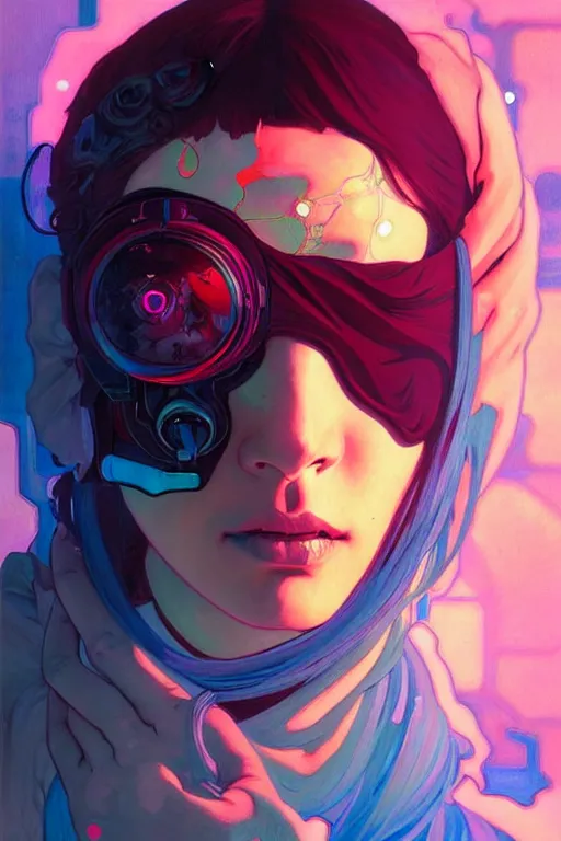 Prompt: a beautiful painting of a cyberpunk blindfolded girl by sachin teng and pascal blanche and alphonse mucha! and ruan jia! and josan gonzalez!. in style of conceptual art. colorful comic, film noirs, akira, brush stroke, vibrating colors, hyper detailed. octane render. trending on artstation