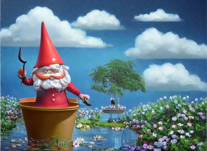 Prompt: a garden gnome sailing in a bucket, whimsical background of a reflective pond on a sunny day with dramatic clouds, an ultrafine detailed painting by mark ryden, trending on deviantart, pop surrealism, whimsical, lowbrow, joyous, perfect symmetrical face