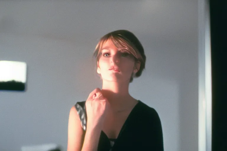 Prompt: backlit photograph of awestruck young woman standing in front of tall black box radiating esoteric energy in suburban living room, crisp focus, highly detailed, in nicolas roeg style, 3 5 mm ektachrome