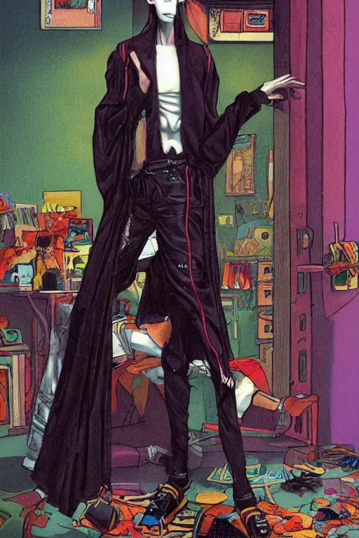 Image similar to a skinny goth guy standing in a cluttered 9 0 s bedroom, full body character concept art, vaporwave colors, gerald brom art,