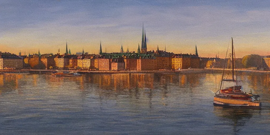 Image similar to stockholm city, volumetric lighting, spring early, nice slight overcast weather, realistic illustration, perfectly shaded, ( golden hour ), soft painting, low angle, art by sven nordqvist