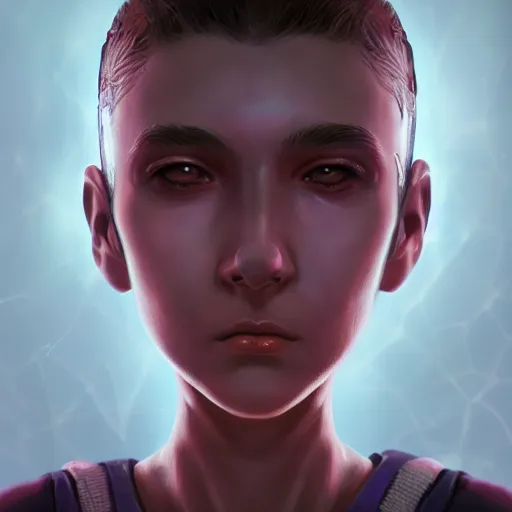 Image similar to artstation young teen with purple eyes and tiny and very thin tentacles on her head, furious, very detailed, portrait, high contrast, unreal engine 5