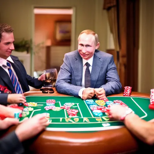 Image similar to jesus christ playing poker while putin serves drinks and smiles