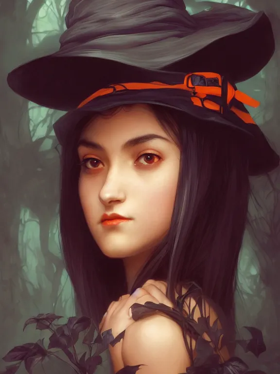 Image similar to Full shot of a mischievous young witch about to get up to some trouble. Latin American fashion. Black and Orange palette. Latina girl. brown skin. defined facial features, symmetrical facial features. By Ruan Jia and Artgerm and Range Murata and WLOP and Ross Tran and William-Adolphe Bouguereau. Key Art. Fantasy Illustration. award winning, Artstation, intricate details, realistic, Hyperdetailed, 8k resolution.