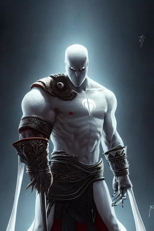 Image similar to symmetry of moon knight mixed with kratos from gow, rpg reference, art by greg rutkowski, artgerm, trending on artstation, octane render, insanely detailed, 8 k, hd