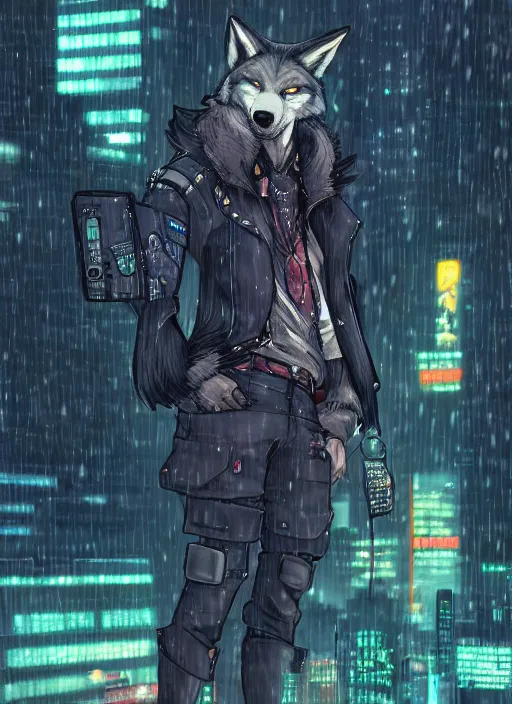 Image similar to character portrait of a male anthro wolf fursona with a tail and a cute beautiful attractive detailed furry face wearing stylish cyberpunk clothes in a cyberpunk city at night while it rains. hidari, color page, tankoban, 4K, tone mapping, Akihiko Yoshida.