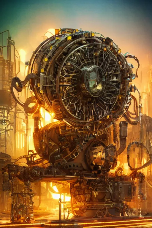 Image similar to a movie poster, movie is called tripmachine, photo of a huge futuristic steampunk generator inside a steampunk machinery, 8 k, fluorescent colors, halluzinogenic, multicolored, exaggerated detailed, 3 d render, octane