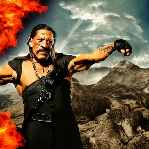 Prompt: danny trejo having a fist fight with sauron on top of the mountain, high definition image