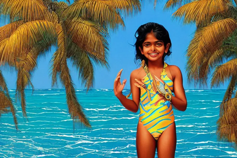 Prompt: a happy sri lankan girl in swinsuit at the beach with iridescent skin by kehinde wiley