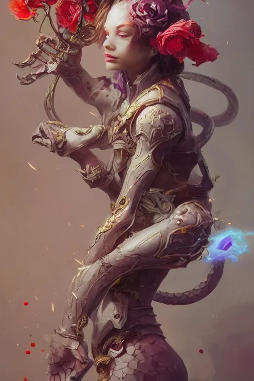 Image similar to beautiful girl necromancer covered with snake sking exploding into blood, practical armor, heroes of the storm, 3 d render, hyper realistic detailed portrait, holding magic flowers, ruan jia, wlop. scifi, fantasy, hyper detailed, octane render, concept art, peter mohrbacher