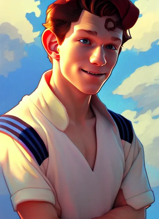 Image similar to cute sailor tom holland, natural lighting, path traced, highly detailed, high quality, digital painting, by don bluth and ross tran and studio ghibli and alphonse mucha, artgerm