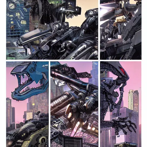 Prompt: a cyberpunk dinosaur war against an army of cyborg pandas, masamune shirow