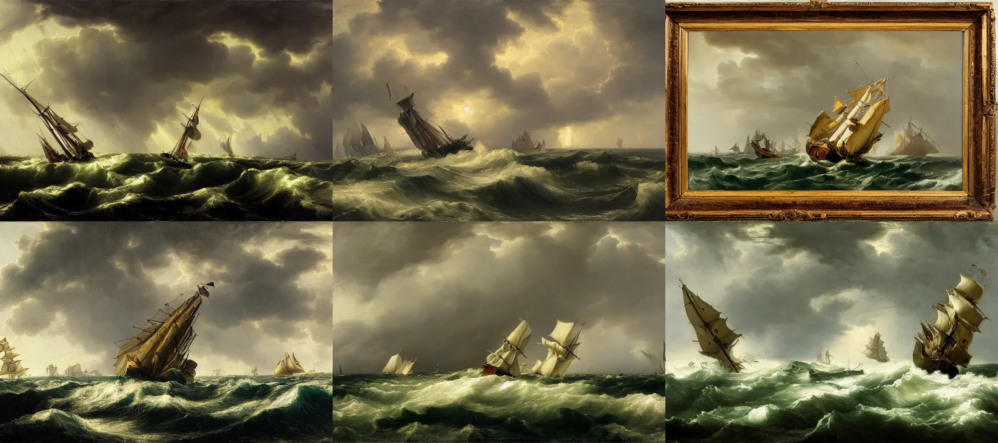 Prompt: lonely sailship on a tumultuous sea, tornado twister, storm, by andreas achenbach, wide angle