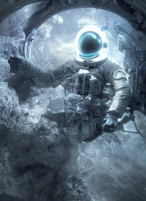 Image similar to infrared concept art by craig mullins astronaut in futuristic dark and empty spaceship underwater. complex and hyperdetailed technical suit. mandelbulb fractal. reflection and dispersion materials. rays and dispersion of light. volumetric light. 5 0 mm, f / 3 2. noise film photo. flash photography. octane render. interstellar movie art