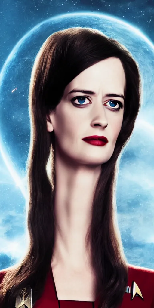 Image similar to a full body photograph of 3 0 year old eva green as a star fleet officer from star trek next generation, ultra rendered, extreme realism and detail, 8 k, highly detailed, realistic, completely framed, hyper realistic, colorful, direct lighting, 3 5 mm photo, photorealistic, sharp focus