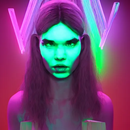 Image similar to grimes on stage djing, volumetric neon lights in the background, gleaming, 3 5 mm photography, portrait!!!!!!, photorealistic facial features, trending on artstation, 4 k, 8 k, zbrush, mannerism