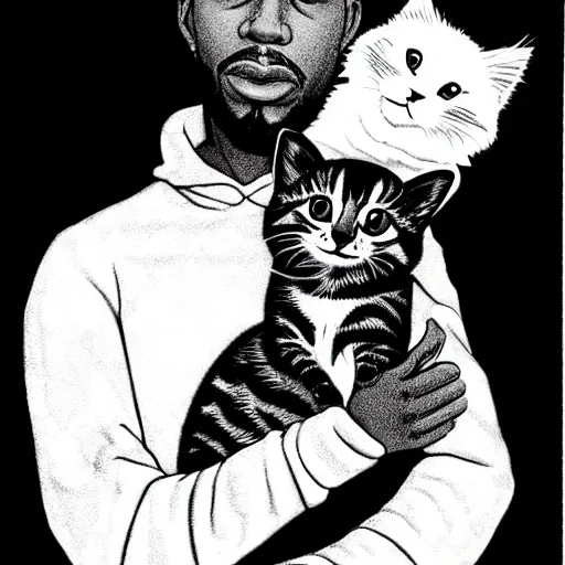 Image similar to storybook illustration of a rapper in 1 9 9 0 new york holding a kitten up to the camera, storybook illustration, monochromatic