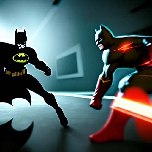 Image similar to ultra detailed picture of a fight where batman is against the flash, unreal engine, extremely detailed, epic, dark, highly realistic, spiritual masterpiece, beautiful, ultra hd