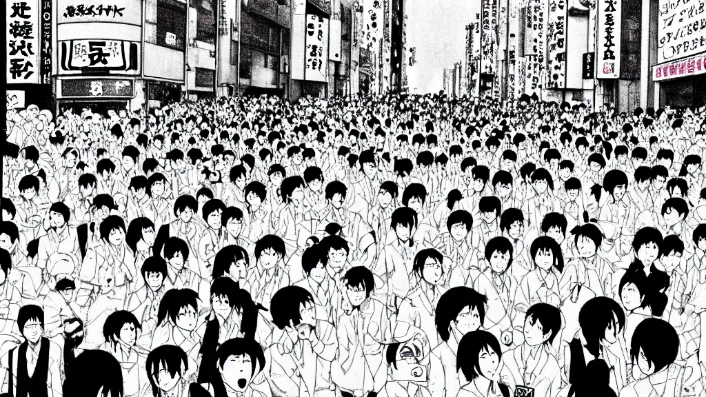 Image similar to manga drawing of a parade on the streets Tokyo everyone in the parade is wearing a pig mask and is dressed in pink and wearing pig masks, film still from the an anime directed by Katsuhiro Otomo with art direction by Salvador Dalí, wide lens