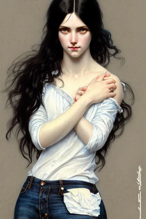 Image similar to ultra realistic, Beautiful black haired woman, Porcelain white complexion, big blue eyes, cute small lips., wearing jeans and white blouse, whip in hand, intricate details, eerie, highly detailed, octane render, 8k, art by artgerm and alphonse mucha and greg rutkowski