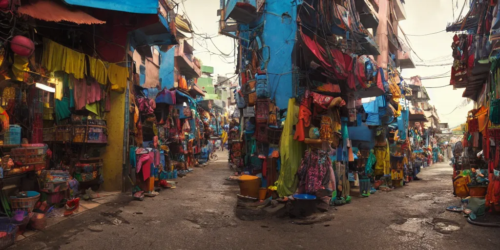 Prompt: a film still from sony pictures animation by alberto mielgo, a narrow alley of an african favela city market, vibrant, - no people, 5 0 mm lens, video game character and environment design, behance hd, studio, dramatic lighting, cinematic, global illumination, dark and moody, evening, trending on artstation, bloom