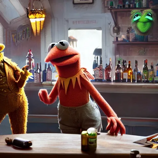 Image similar to the muppets getting in a bar fight, ultra realistic, concept art, intricate details, highly detailed, photorealistic, octane render, 8 k, unreal engine. art by boris vallejo