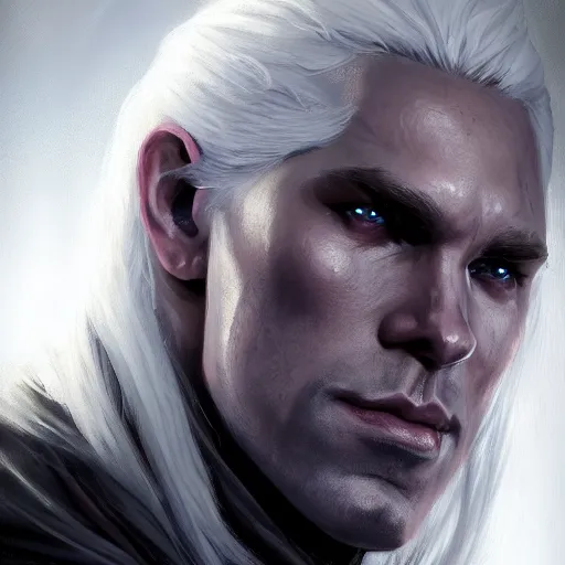 Prompt: realistic portrait of drizzt du orden by r. a. salvatore, dark elf with purple eyes and white hair, trending on artstation, low angle oil painting and composition laws, cinematic lighting, hyperdetailed, cgsociety, 8 k