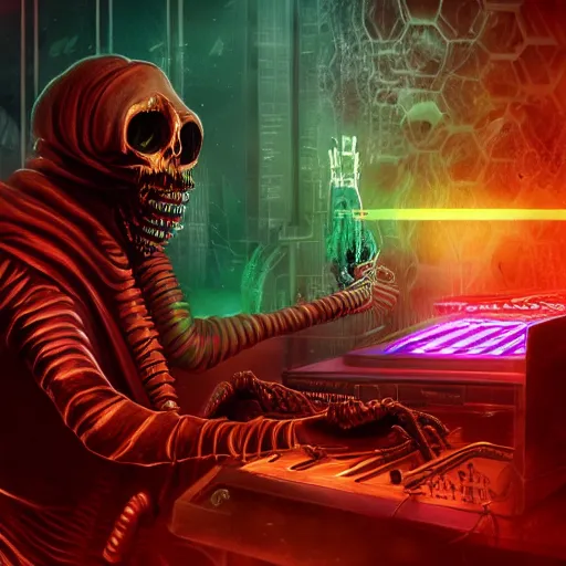 Image similar to cyberpunk undead lich ilithid mindflayer playing synthesizer, honeycomb background, D&D, smokey lights, lasers, highly detailed, realistic, technology and magic,