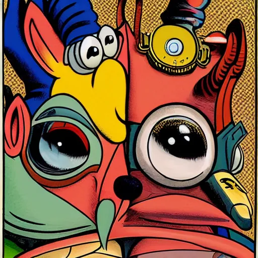 Prompt: two birdman, close up face, magnified face, ren and stimpy style, cartoon from the 90's, artwork by Alex Horley + Joe Jusko + todd schorr + richard scarry