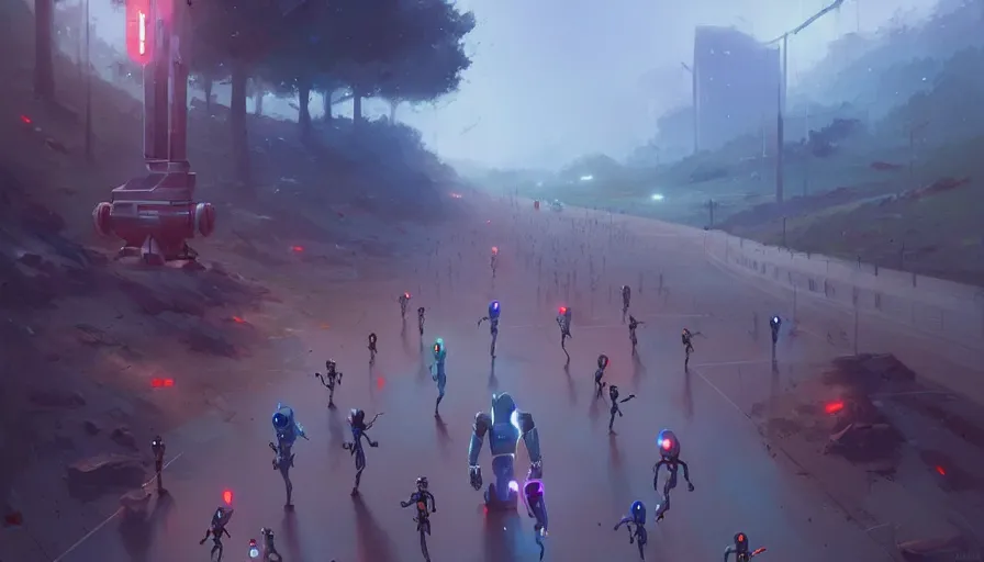 Image similar to running robots in a marathon, digital painting, illustration by pixar and artgerm and greg rutkowski and makoto shinkai, artstation