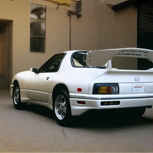 Prompt: toyota supra with a window sticker of a cat smoking a cigar, 1980s picture, 4k, hd, film grain