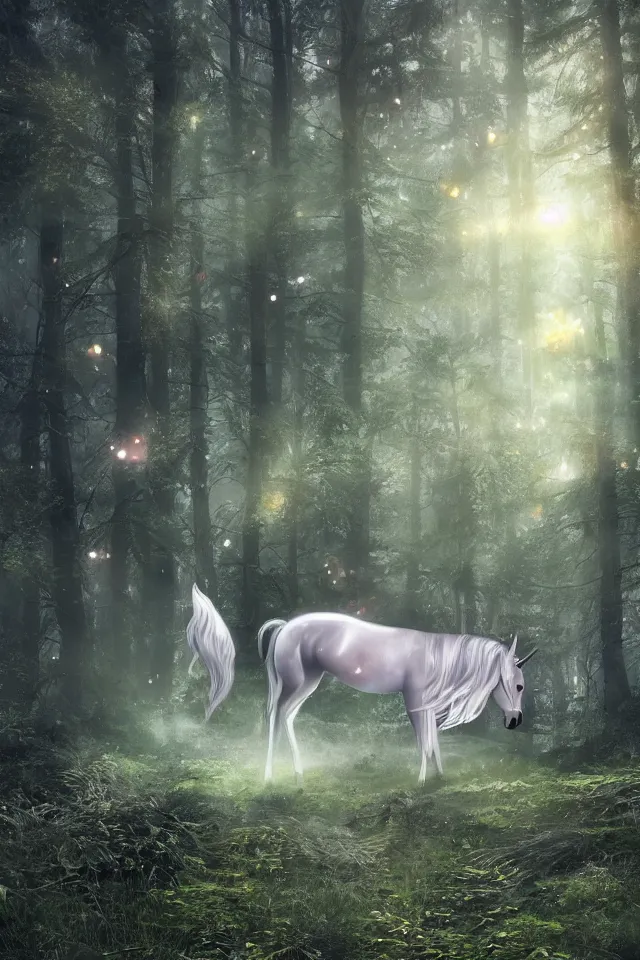 Prompt: there is a silver unicorn in the forest, unicorns around the shimmering light, fireflies flying in the forest, the dreamy crystal atmosphere ， super wide angle ， matte painting ， rtx on ， trending on cgsociety and artstation, volumetric light ， surreal