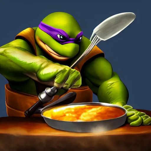 Prompt: teenage mutant ninja turtle with frying pan near kitchen stove, wearing chef hat, frying nails, volumetric lighting, realistic, photo, artstation