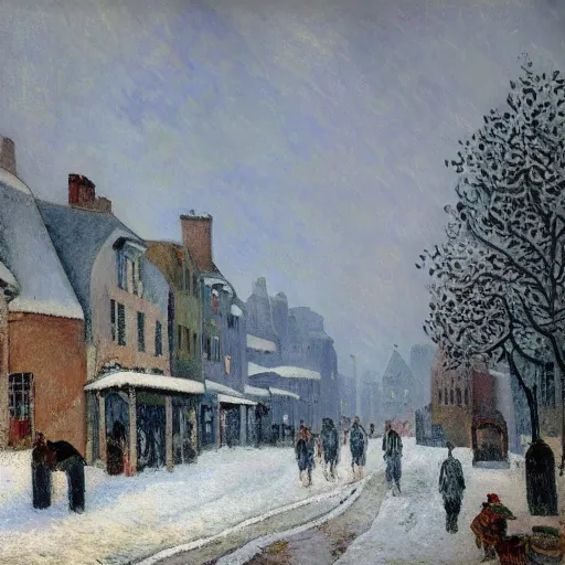 Prompt: A painting of a village during a snow storm, streets, pedestrians, Camille Pissarro, (((unreal engine)))