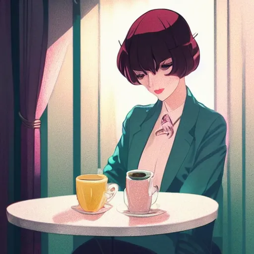 Image similar to portrait of beautiful girl with dark hair dressed in 1940's style, sitting in cafe alone, nighttime, low-key neon lighting, 4k, HQ, official media, anime key visual, makoto shinkai, ilya kuvshinov, lois van baarle, rossdraws, detailed, trending on artstation