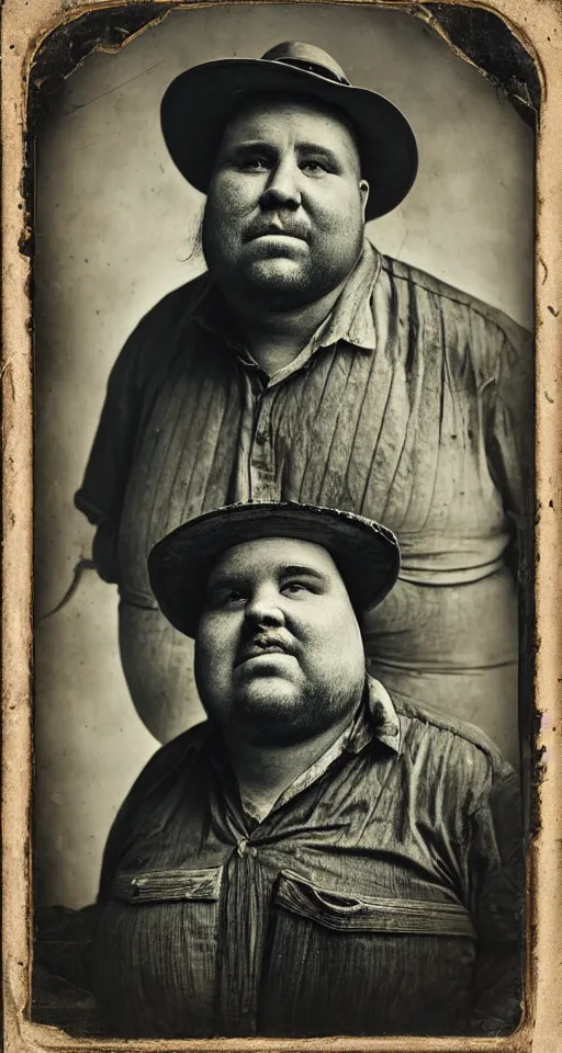 Prompt: a highly detailed digital collodion photograph, a portrait of a very obese carpenter