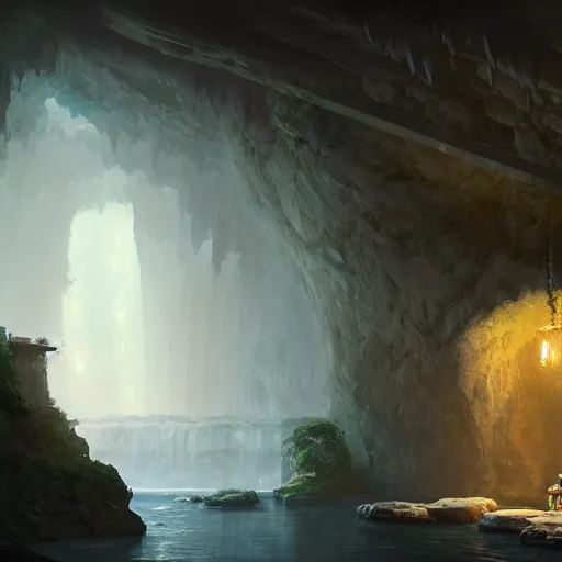 Image similar to cozy, empty bathhouse hidden in a cave, candlelight, towels, cushions, natural light, lush plants and flowers, elegant, smooth cave rock, fantasy, atmospheric lighting, digital painting, Greg Rutkowski concept art