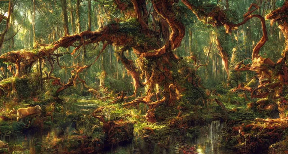 Image similar to Enchanted and magic forest, by James Gurney