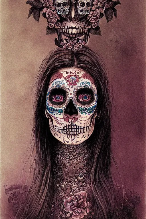 Prompt: Illustration of a sugar skull day of the dead girl, art by Zdzislaw Beksinski