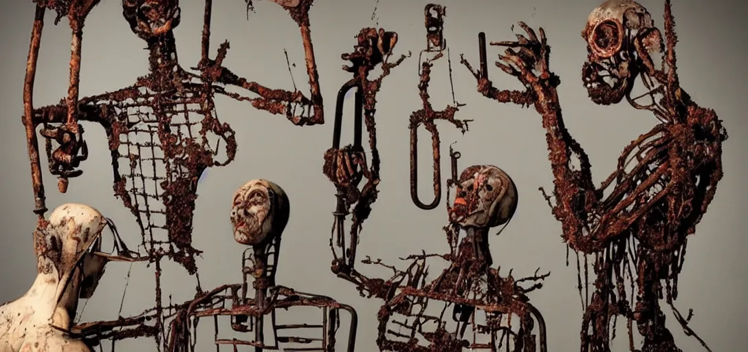 Prompt: horrifying scary artwork of mannequin with rusty pipes and pieces of steel sticking out of it, body horror, scary, dark, terrifying, human faces,