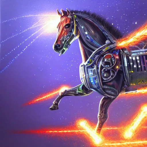 Image similar to a hyper realistic and detailed painting of a cybernetic horse leaving sparks on lighting in it's trails