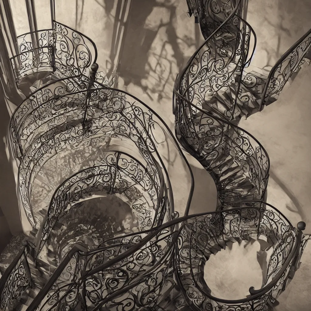 Image similar to a realistic art - nouveau spiral staircase. dark stairs. tall building, seen from the top. realistic shadows of cats. detailed, octane render, hyperrealistic, very coherent, hyper realism, high detail, octane render, 8 k