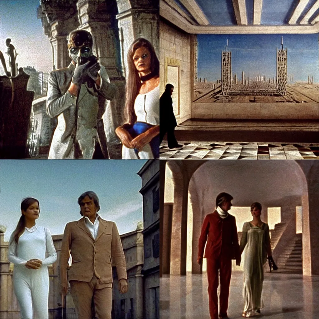 Prompt: a scene from the movie la felicita ( 1 9 7 1 ) by luchino visconti with mastroianni and claudia cardinale walking in a scifi cyberpunk!!!! futurist city reminiscent of the ( ( ( ideal city by piero della francesca. technicolor ) ) ), cinematic, 5 0 mm, highly detailed