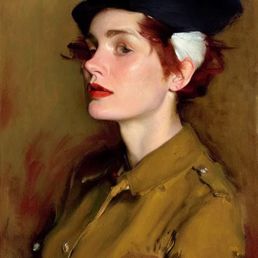 Image similar to stunning masterful portrait of a striking European pale woman with short pink hair wearing a black French beret and high cheek bones by Andrew Wyeth, John Singer Sargent, and Norman Rockwell, natural light, oil painting, ethereal, earth tones, strong brushwork