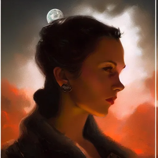 Image similar to portrait of a young vivian leigh, dramatic lighting, city background, night, moon, chiaroscuro, high detail, sharp, painted by greg rutkowski, painted by igor kieryluk, painted by bobby chiu, trending on artstation