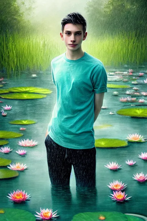 Prompt: light teal portrait of a young man in the rain on pond with waterlilies, fantasy, intricate, elegant, dramatic lighting, emotionally evoking symbolic metaphor, highly detailed, lifelike, photorealistic, digital painting, artstation, concept art, smooth, sharp focus, illustration, art by John Collier and Albert Aublet and Krenz Cushart and Artem Demura and Alphonse Mucha