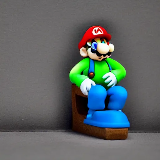 Prompt: claymation, mario sitting on a toilet in public, depth of field 2 7 0 mm